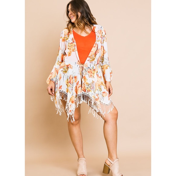 Umgee Tops - Ivory Floral Plus Size Kimono Tassel Sharkbite Hem